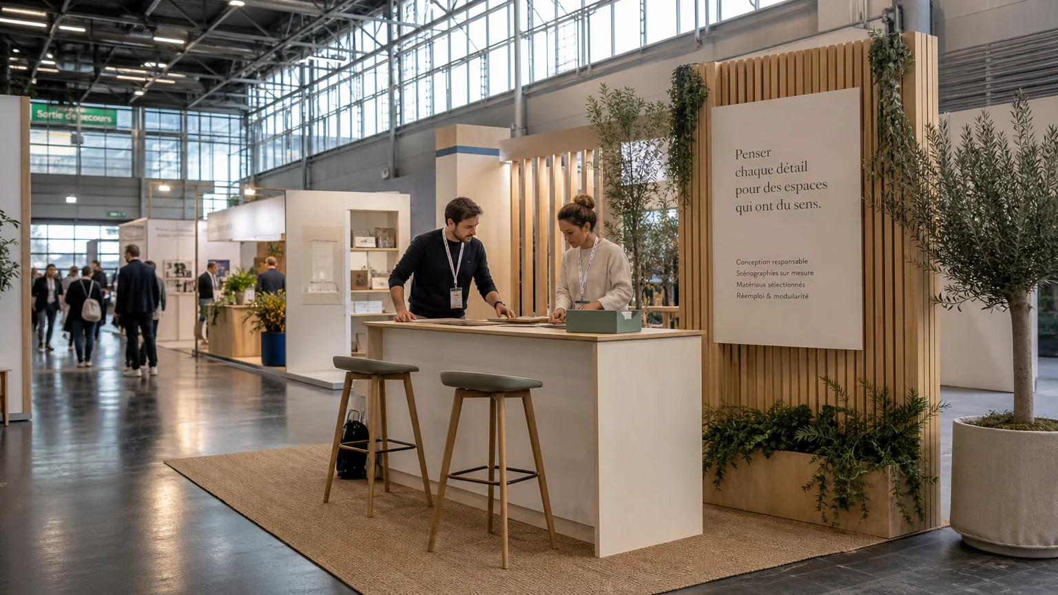 Professionnels européens préparant un stand ouvert dans un salon en France