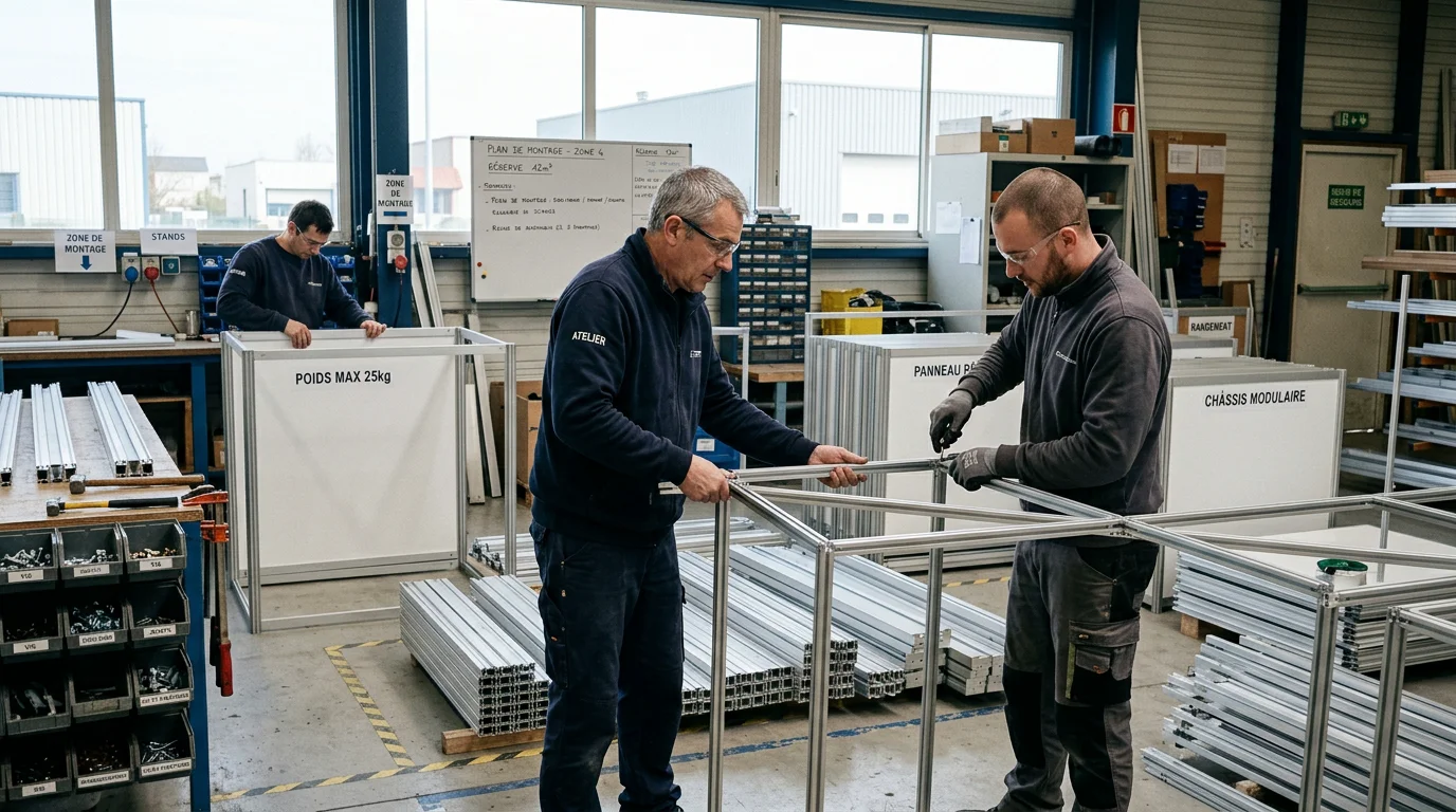 Atelier de fabrication de structures de stands modulaires réutilisables