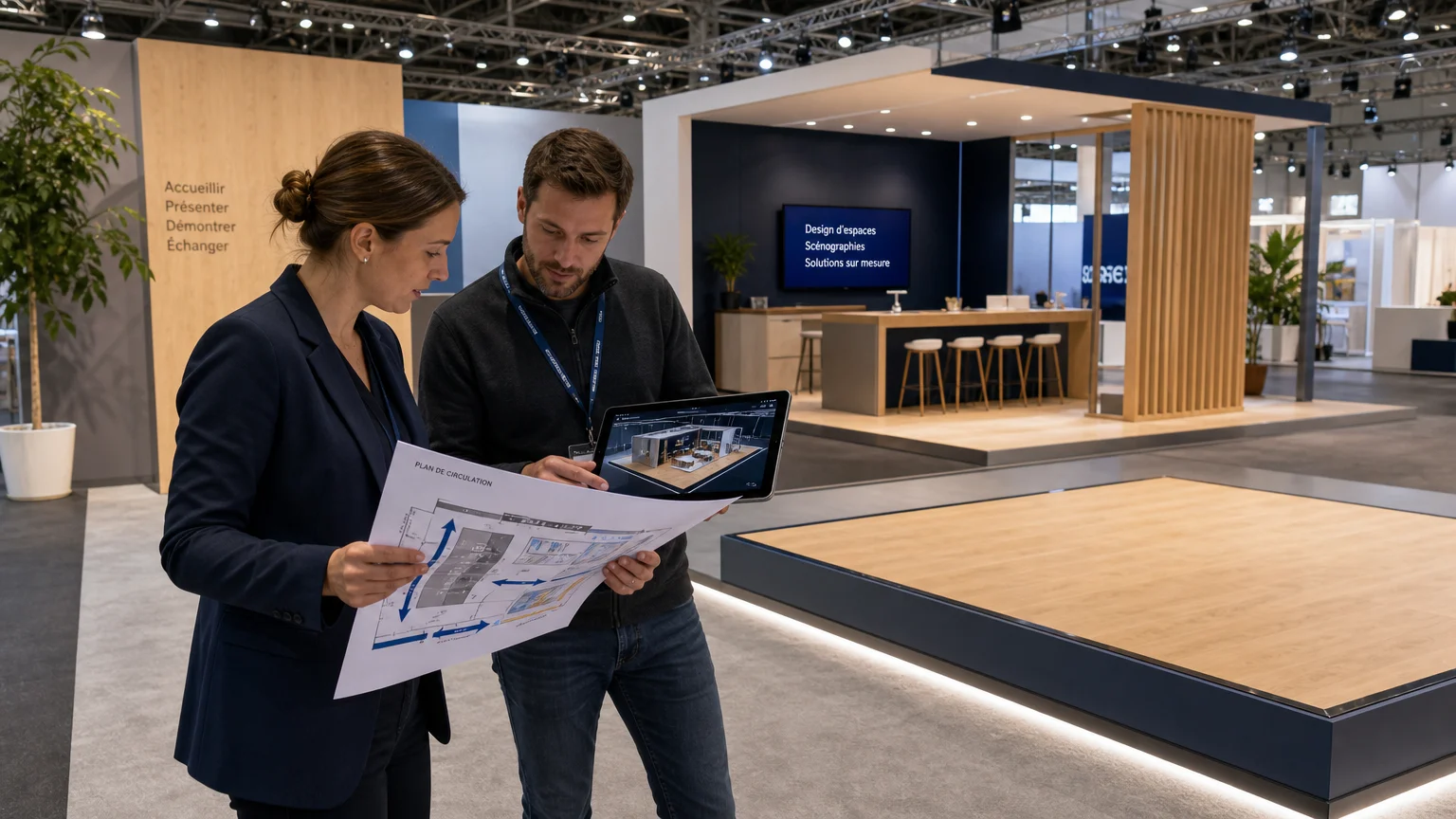 Cheffe de projet vérifiant la scénographie d’un stand automobile