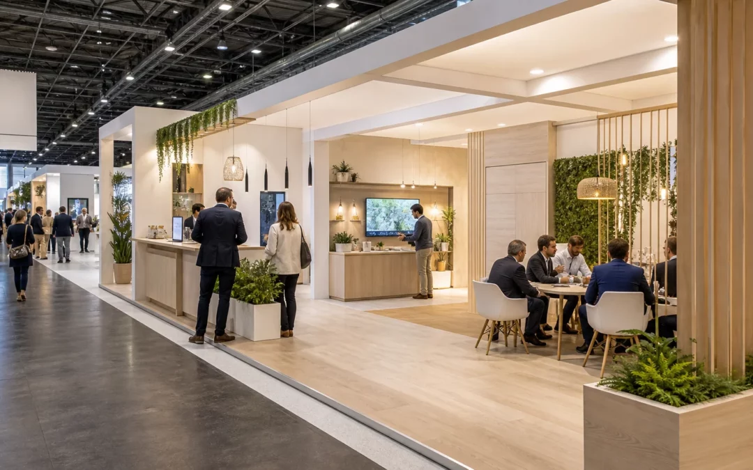 Stand d’exposition de santé ouvert et accueillant dans un salon professionnel