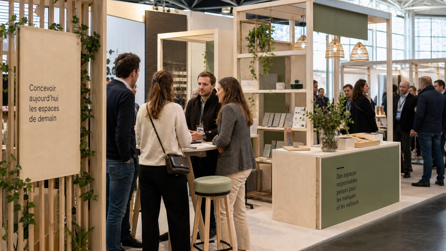 Stand institutionnel ouvert accueillant des visiteurs dans un hall d’exposition