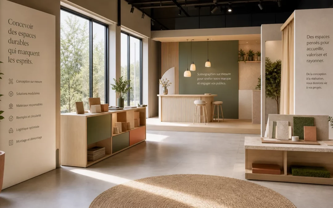 Showroom professionnel aménagé avec un parcours visiteur clair