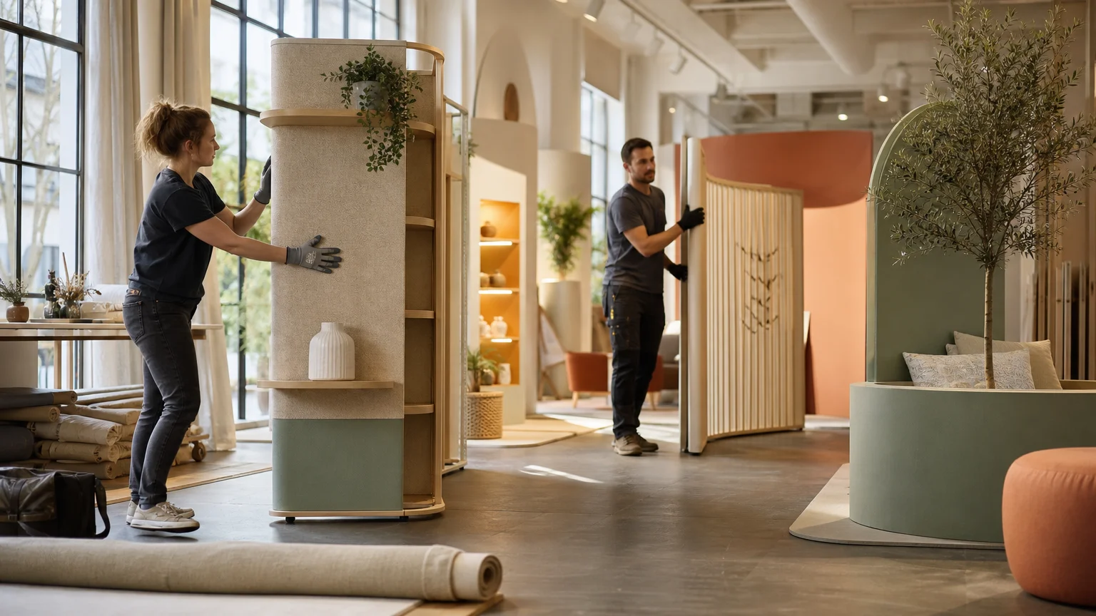 Professionnels organisant le parcours d’un showroom avec du mobilier modulable