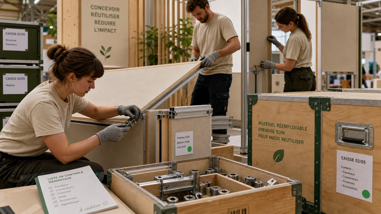 Équipe démontant un stand modulaire pour réemployer ses éléments