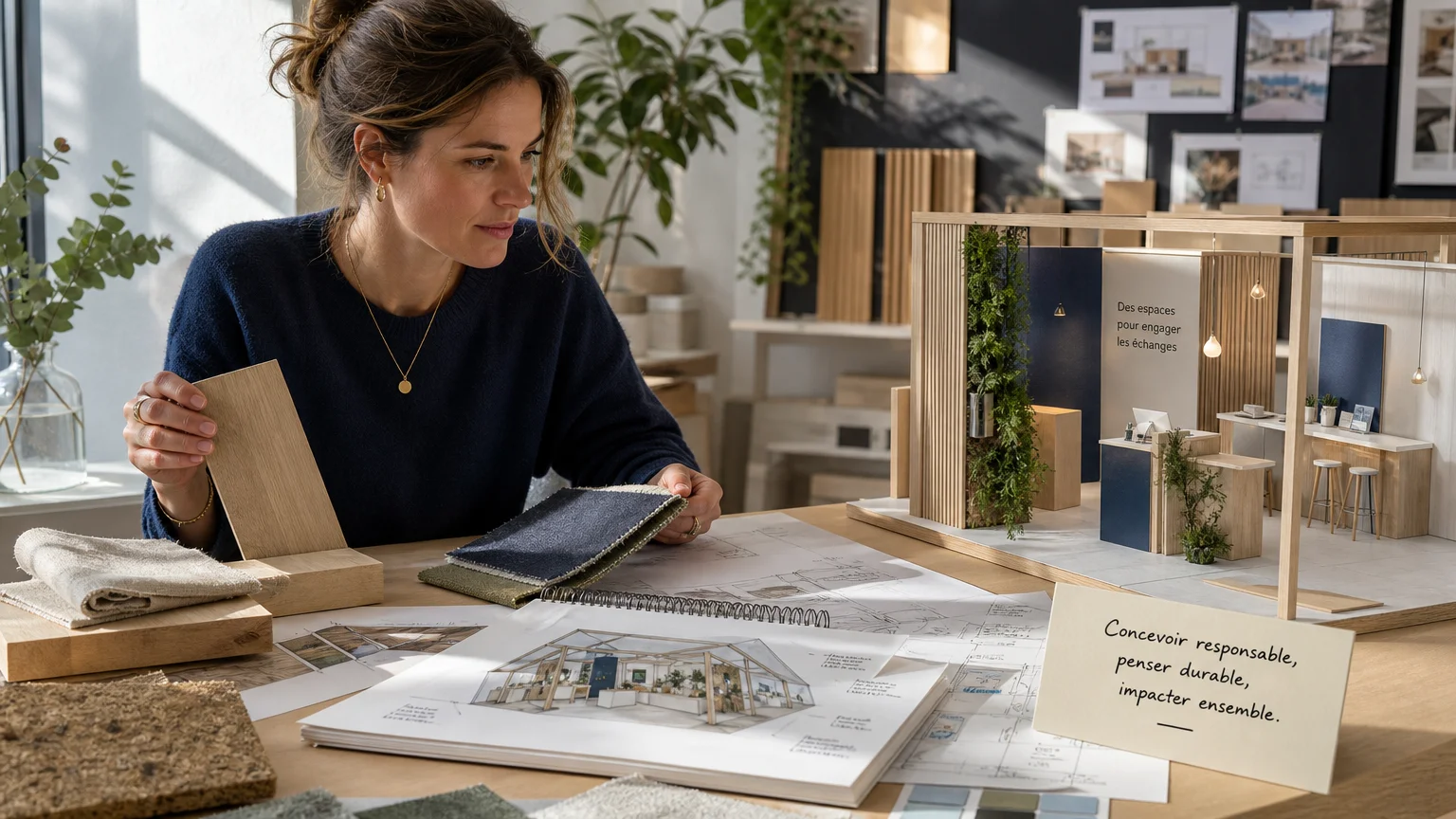 Cheffe de projet examinant les matériaux d’un stand d’exposition sur mesure