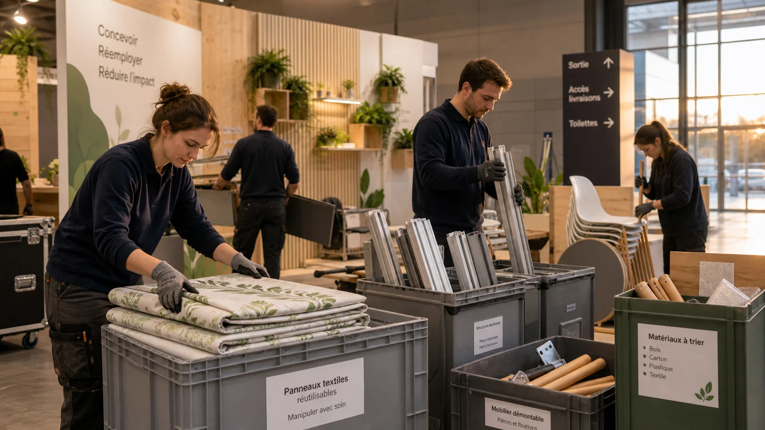 Démontage et stockage de matériaux réutilisables pour un stand