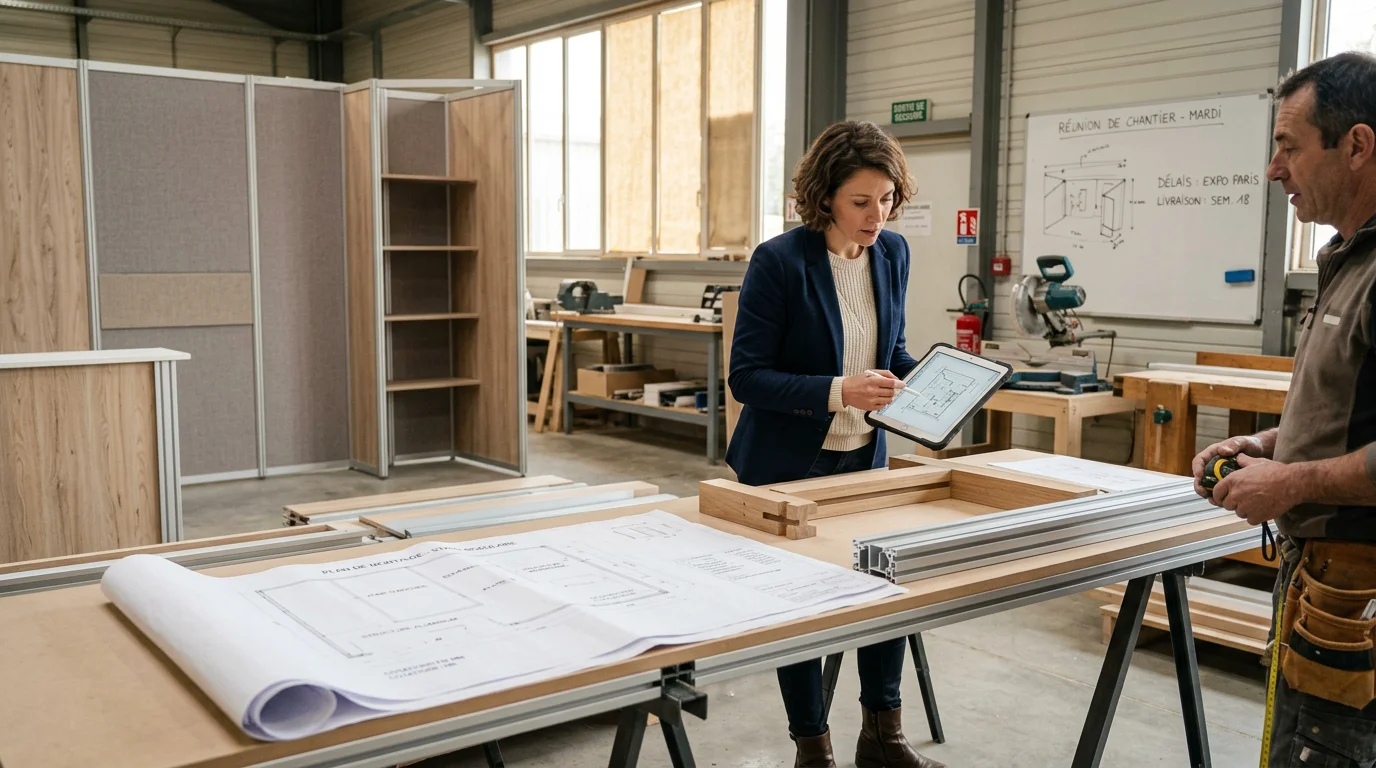 Responsable de projet examinant des éléments de stand modulaire en atelier