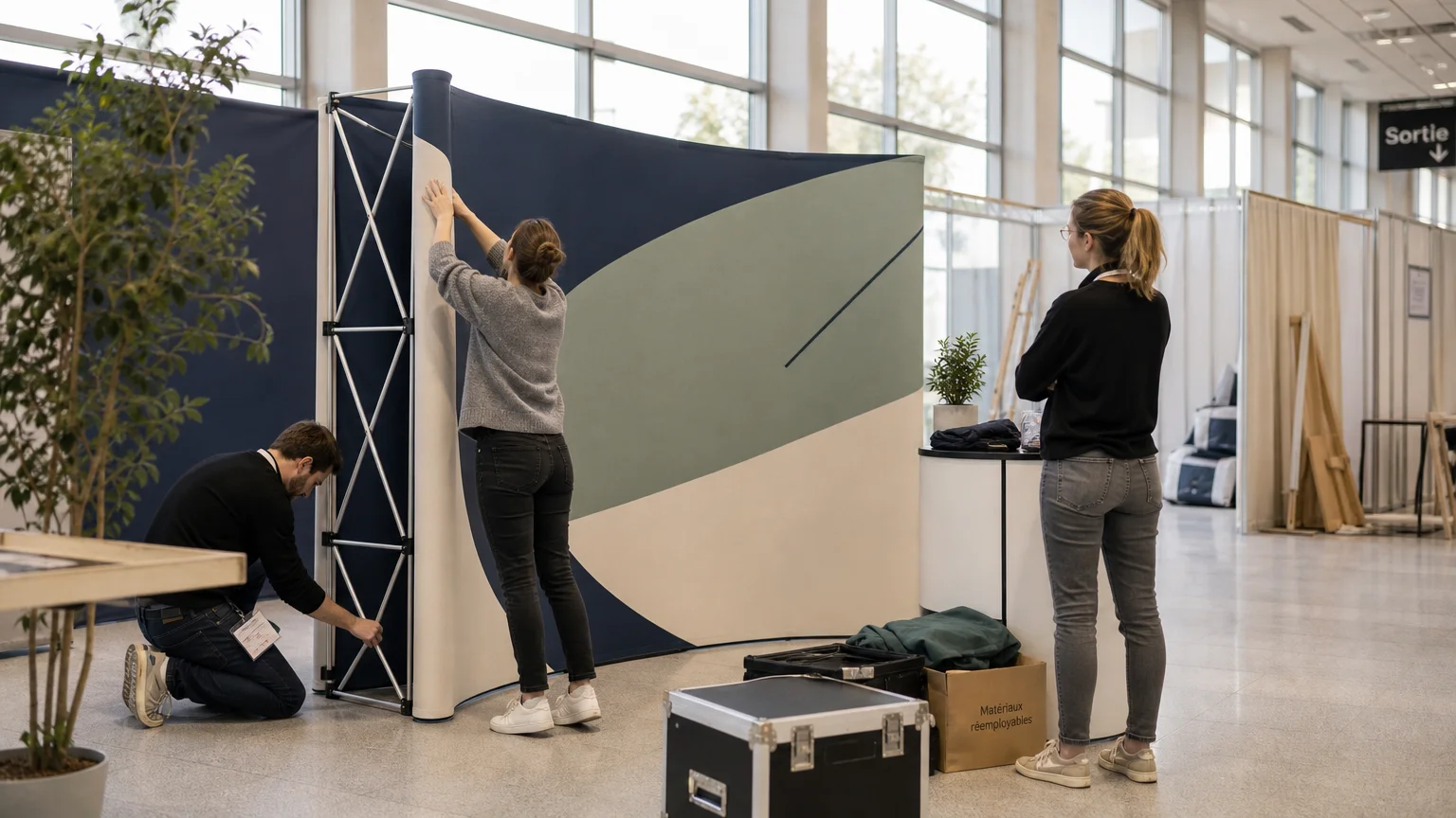 Équipe européenne installant un stand parapluie textile dans un centre de congrès