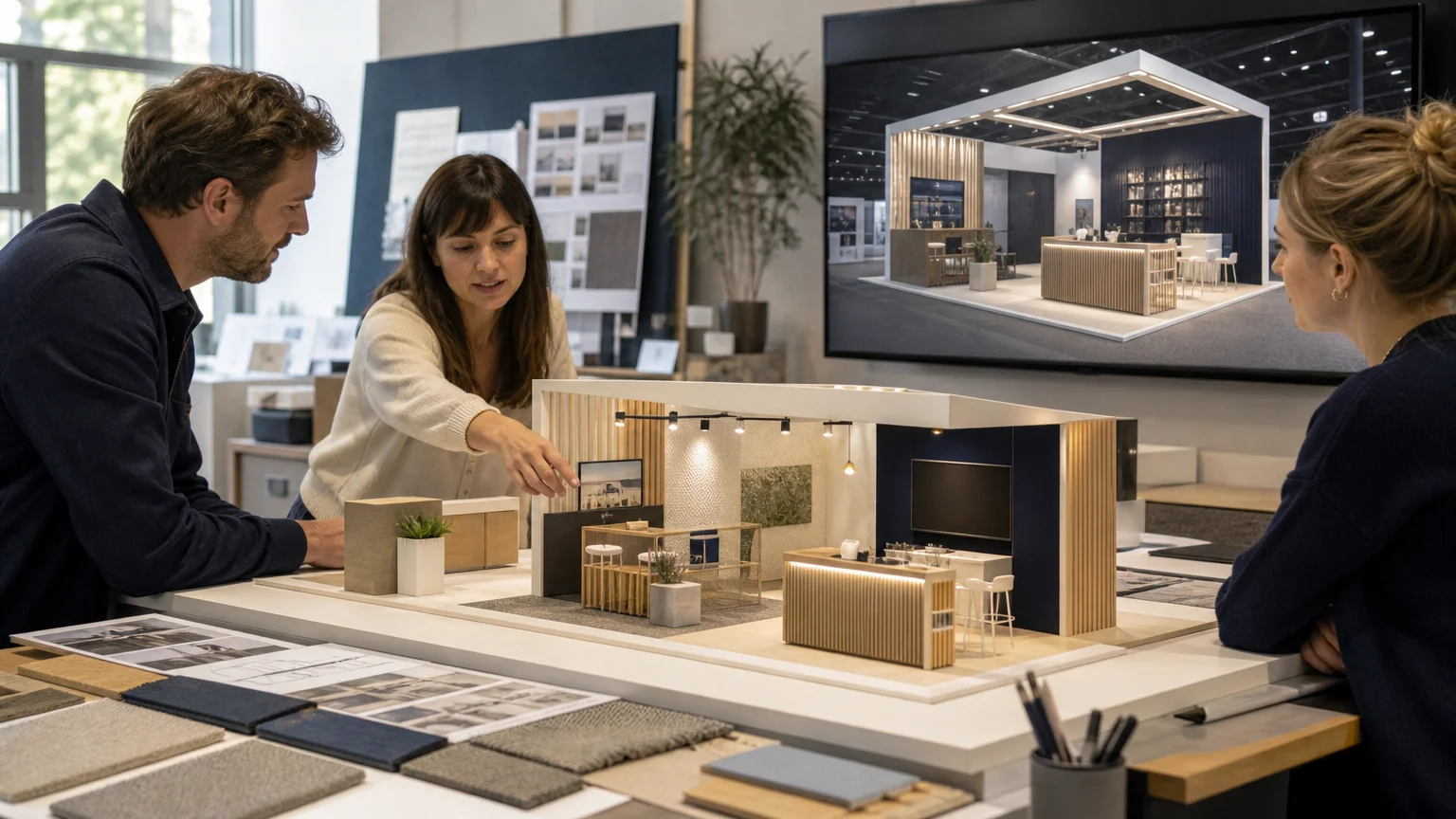 Équipe européenne validant un projet de stand d’exposition en 3D