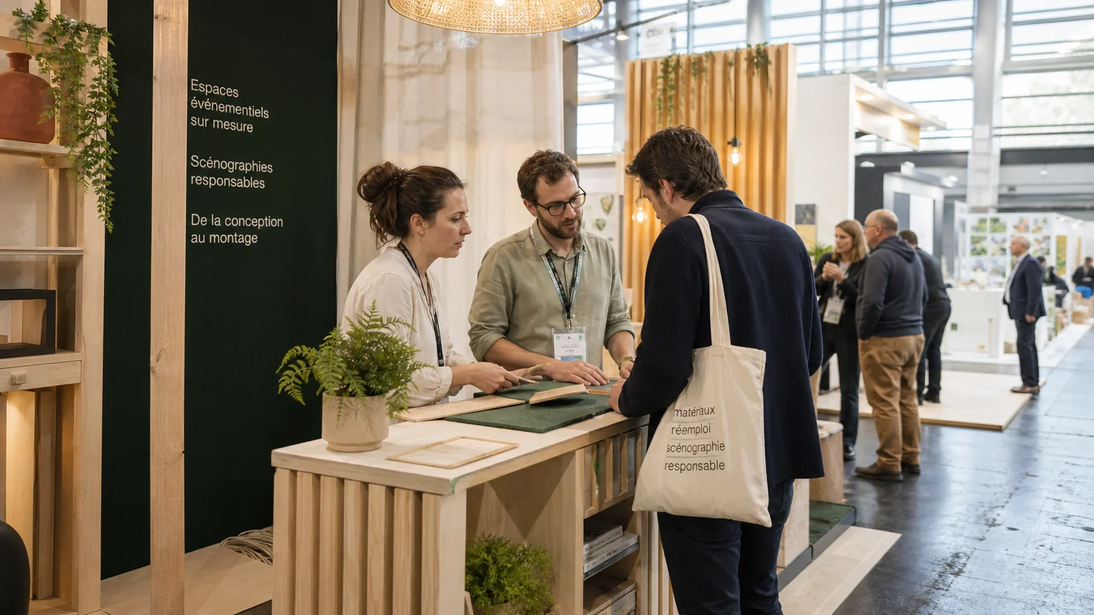 Professionnels échangeant sur un stand ouvert pendant un salon professionnel
