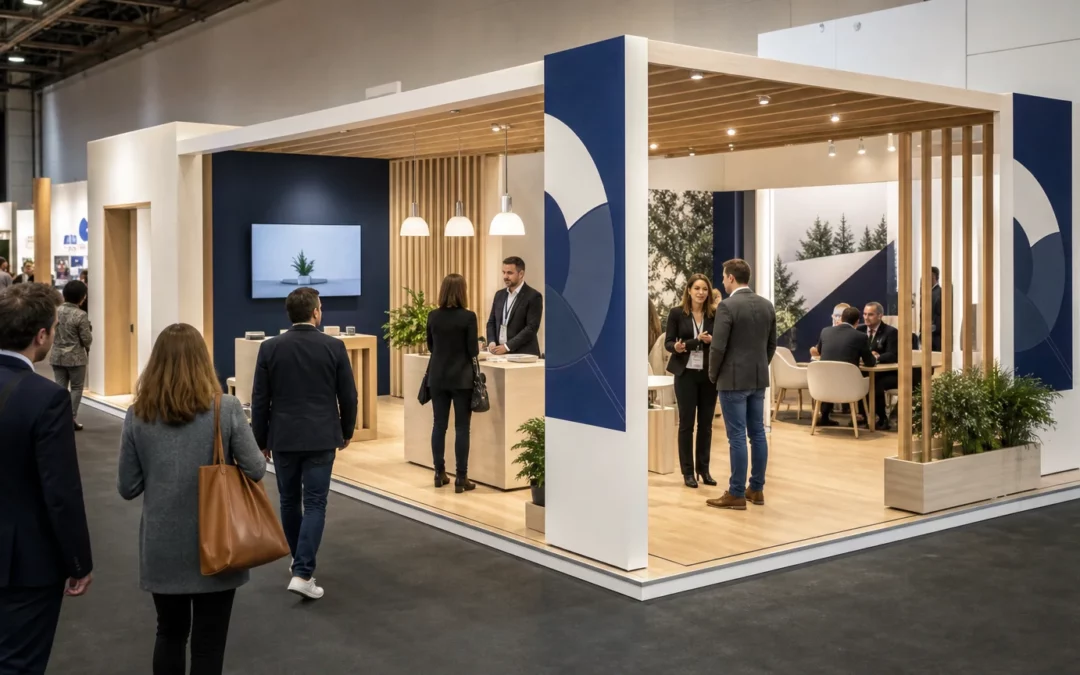 Stand d’exposition ouvert et accueillant dans un salon français de la franchise