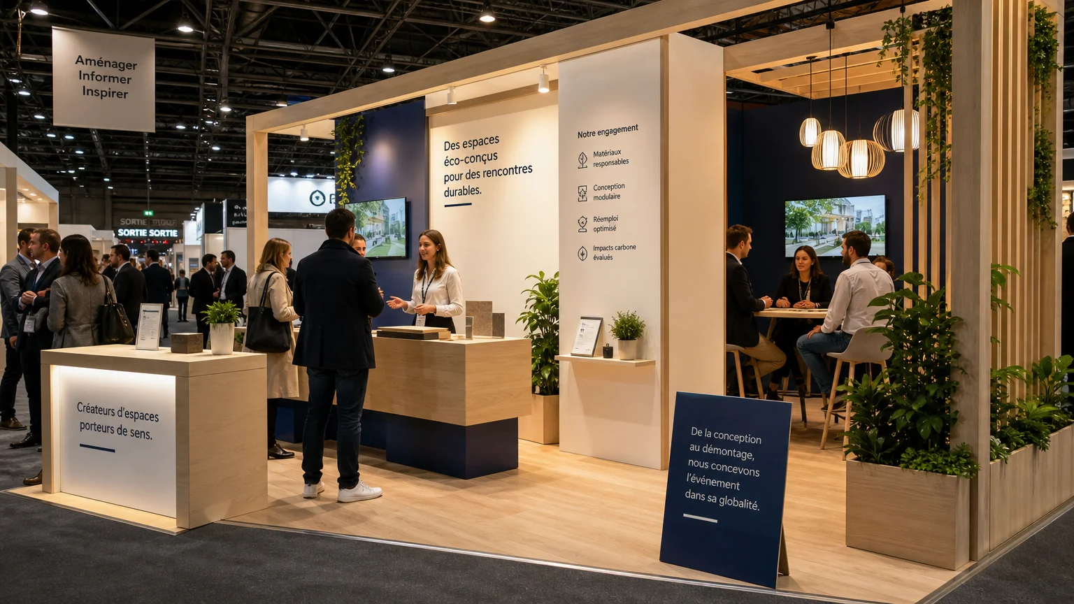 Stand d’exposition ouvert avec espace de démonstration et accueil des visiteurs