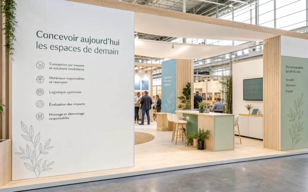 Stand professionnel ouvert et éco-conçu dans un salon environnemental