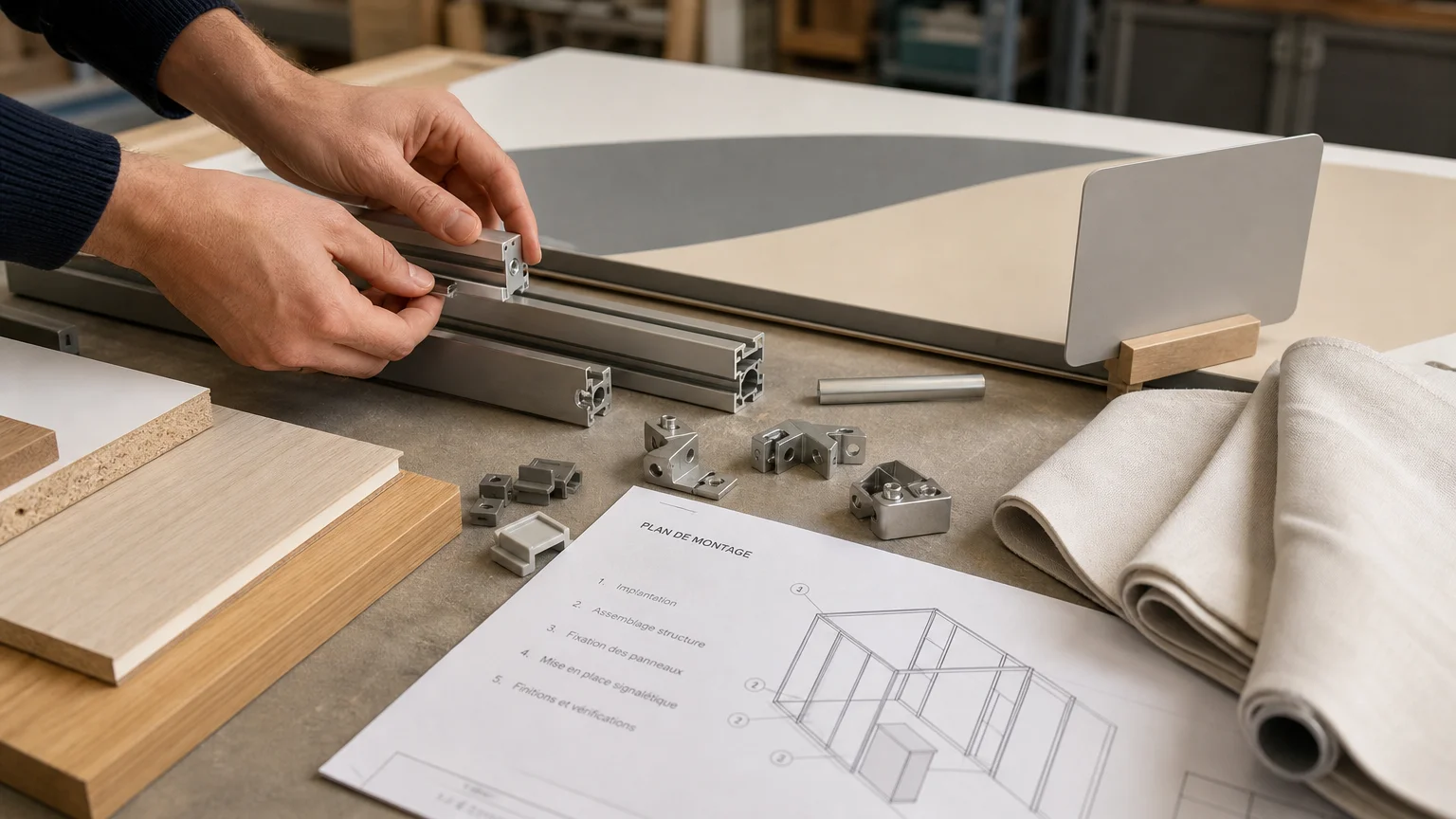 Assemblage d’éléments démontables pour un stand de salon