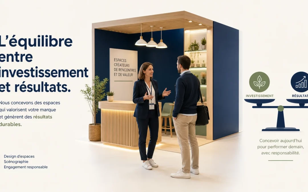 Illustration d’un stand professionnel reliant investissement et résultats commerciaux