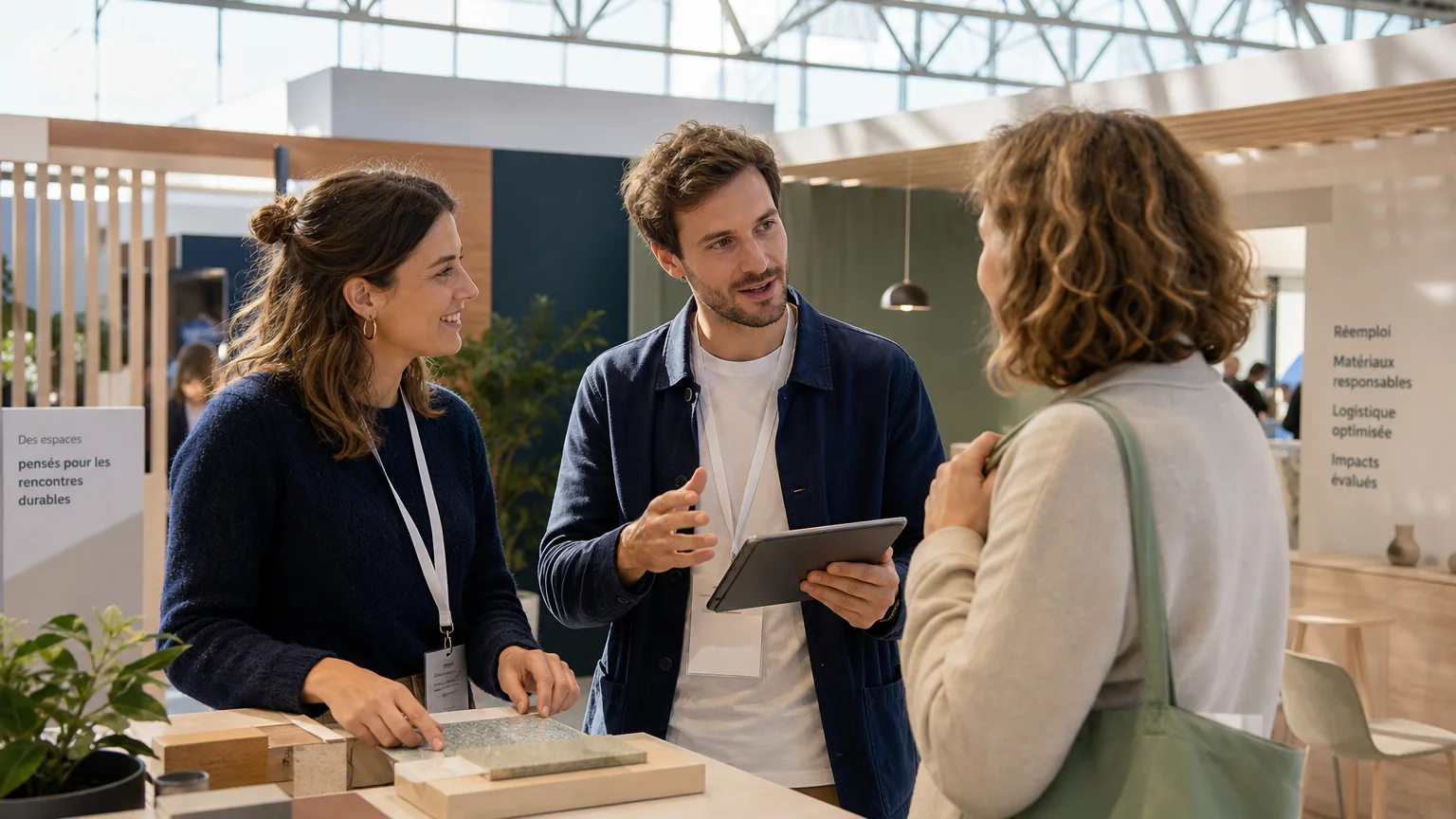 Équipe européenne qualifiant une visiteuse sur un stand ouvert lors d’un salon professionnel