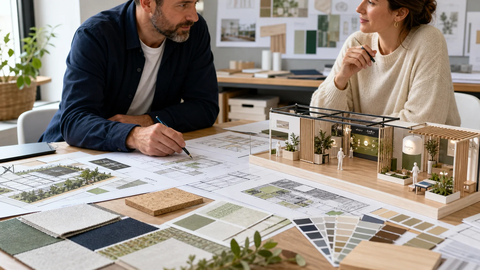 Bureau d’études préparant la conception d’un stand sur mesure