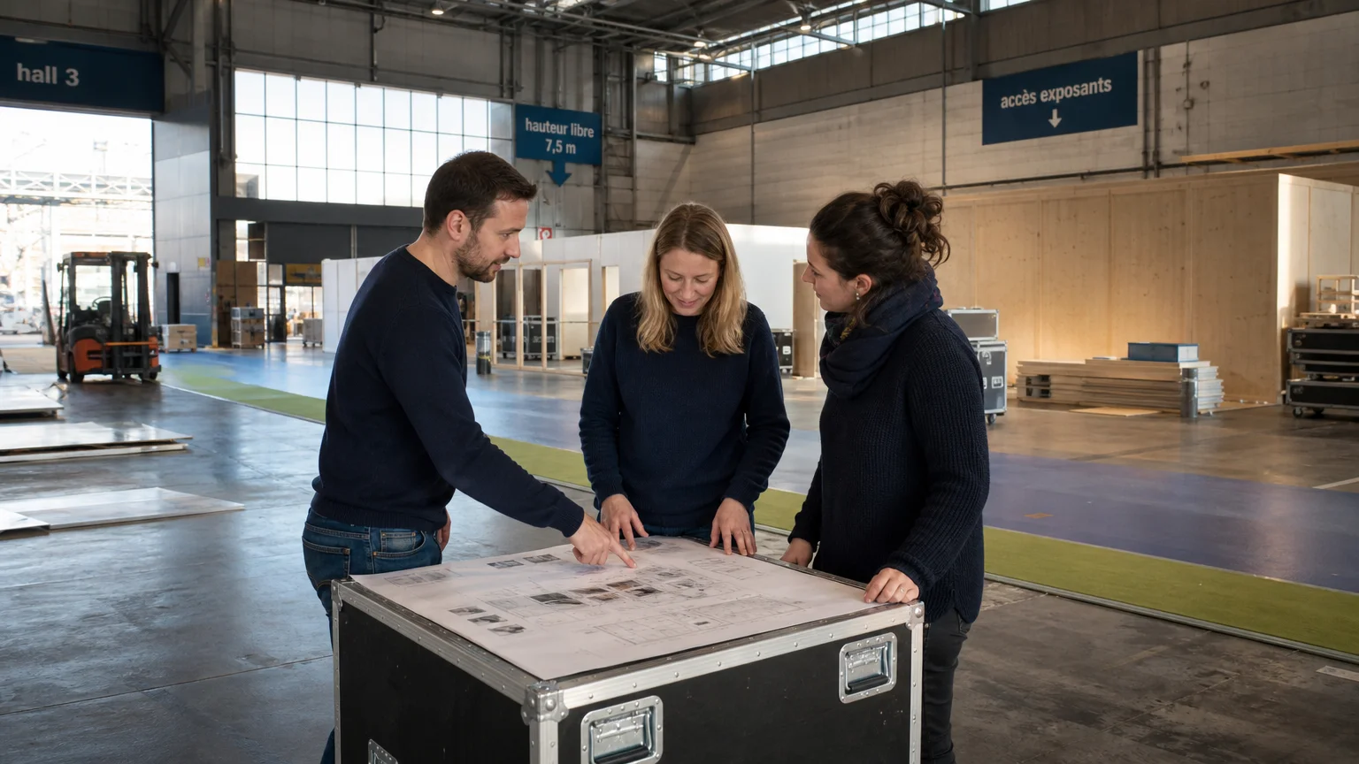 Équipe préparant l’espace d’un stand pour un salon international du transport