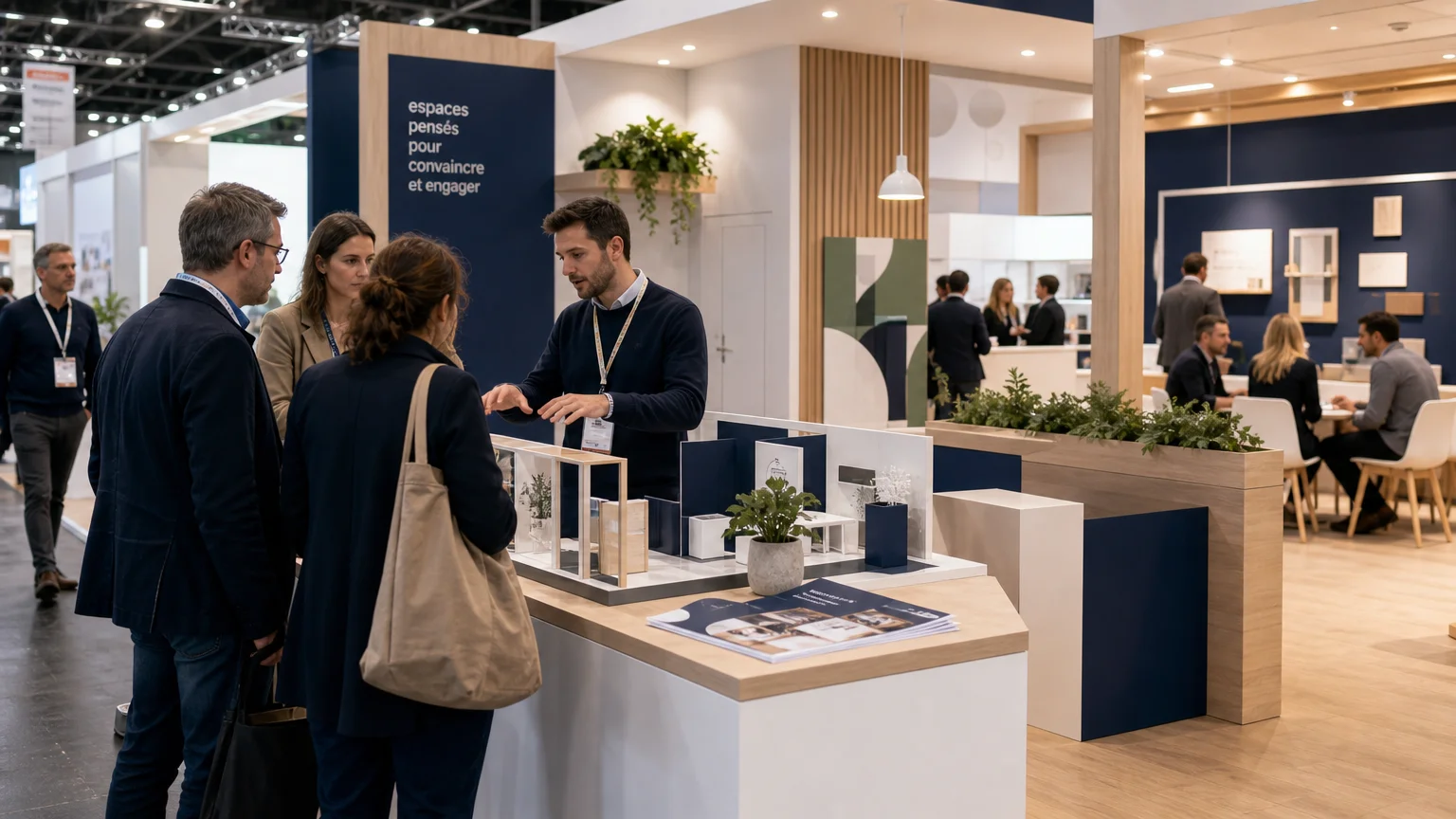 Stand d’exposition ouvert avec zone de démonstration et parcours visiteur fluide