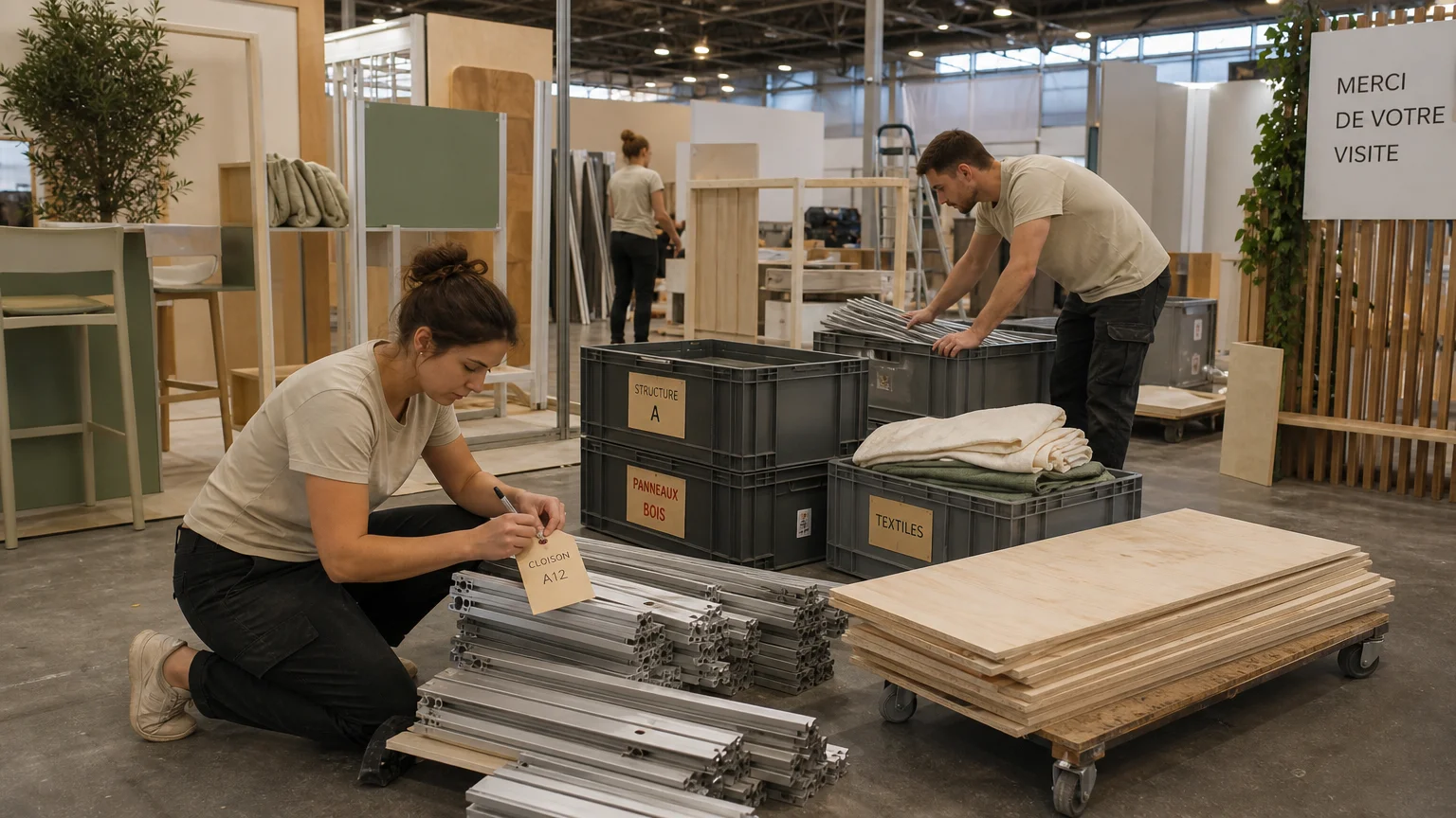 Équipe démontant un stand avec des matériaux réutilisables