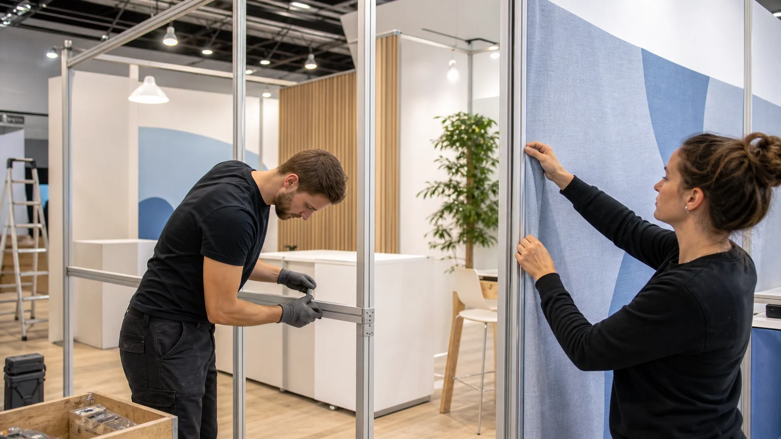Reconfiguration d’une structure de stand modulaire par une équipe sur un salon professionnel