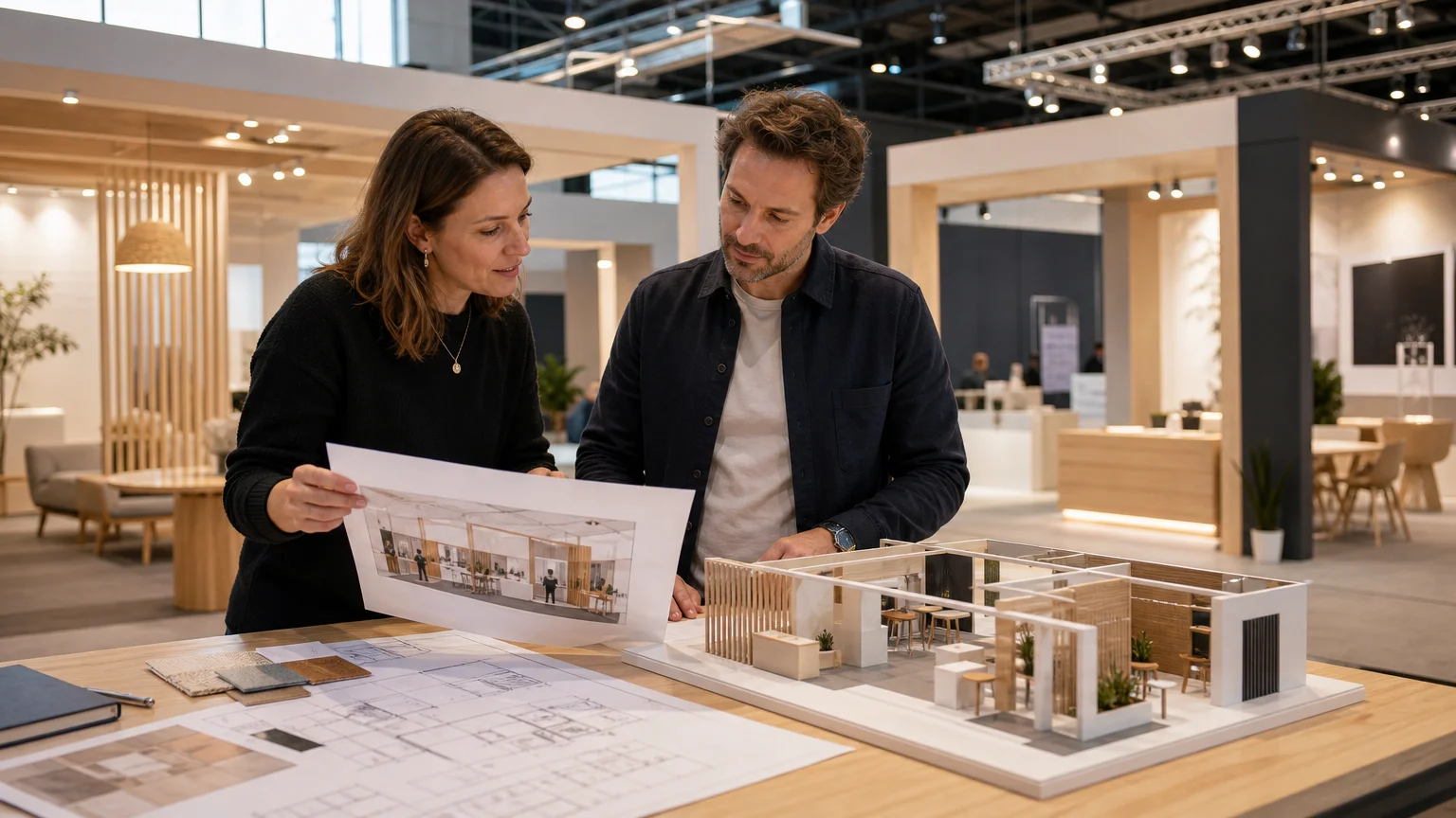 Équipe européenne préparant la conception d’un stand sur mesure