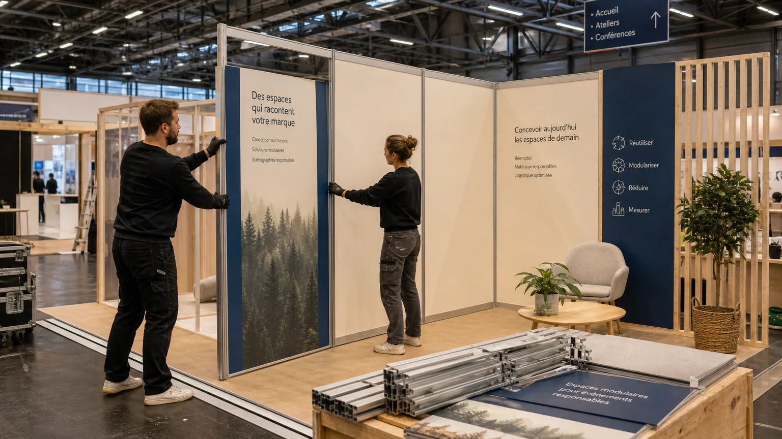 Deux professionnels reconfigurent un stand modulaire dans un hall d’exposition