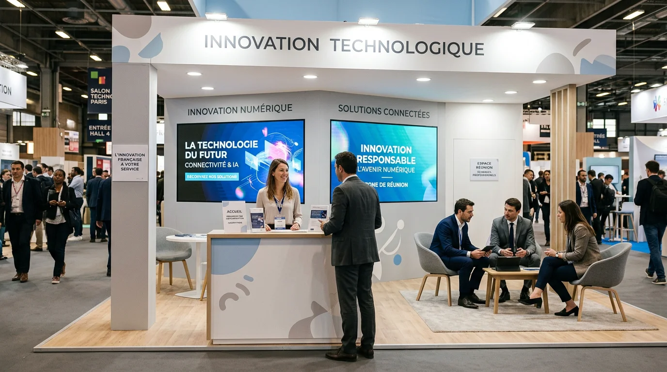 Stand d'exposition sur mesure sur un salon technologique avec visiteurs professionnels