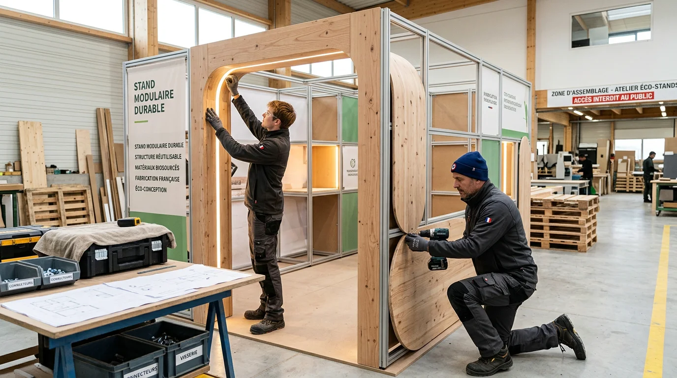 Stand modulaire réutilisable en cours de montage dans un atelier