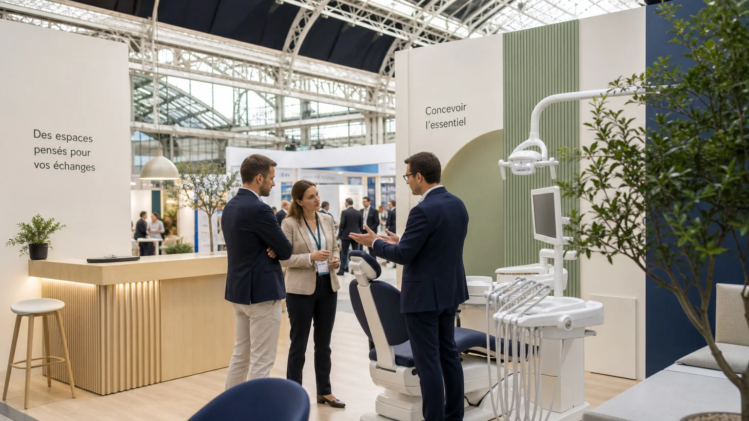 Professionnels échangeant sur un stand dentaire ouvert dans un salon à Paris