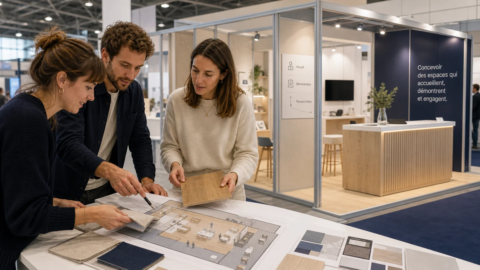 Équipe préparant la configuration d’un stand modulable dans un hall d’exposition