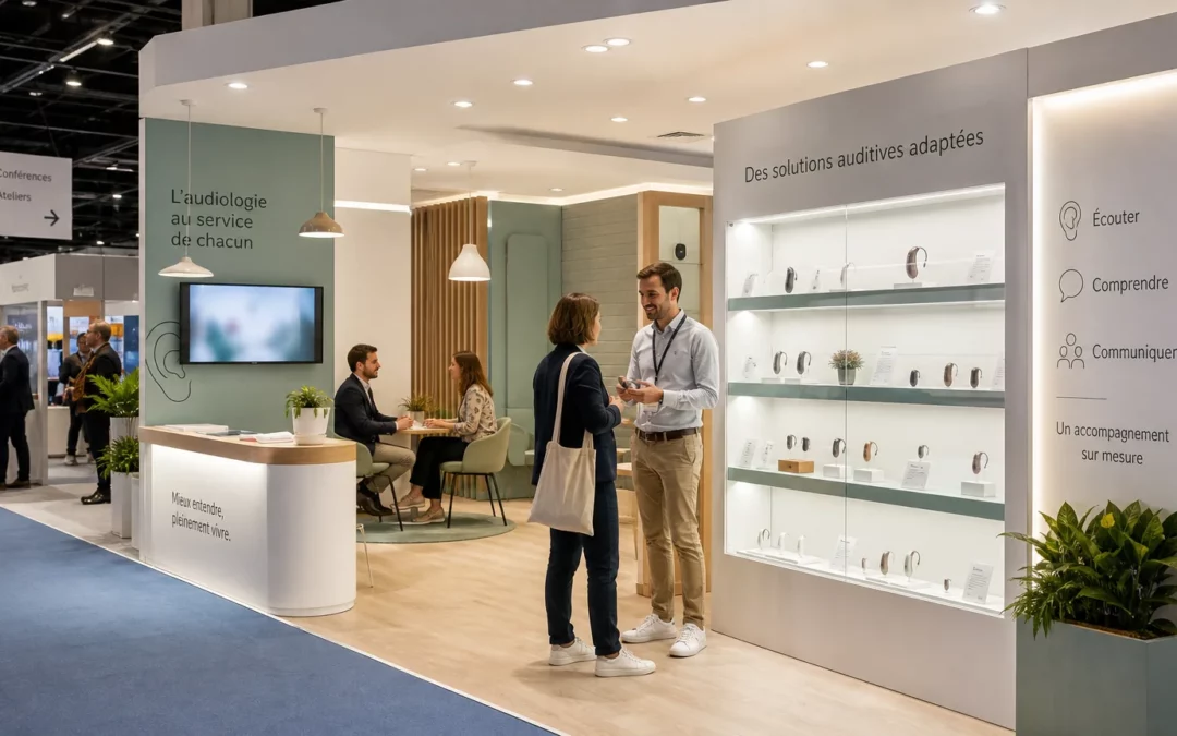 Stand d’exposition professionnel dédié à l’audiologie dans un congrès