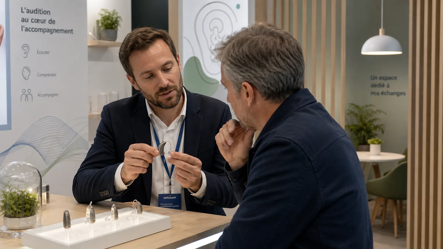 Démonstration d’un appareil auditif générique sur un stand professionnel