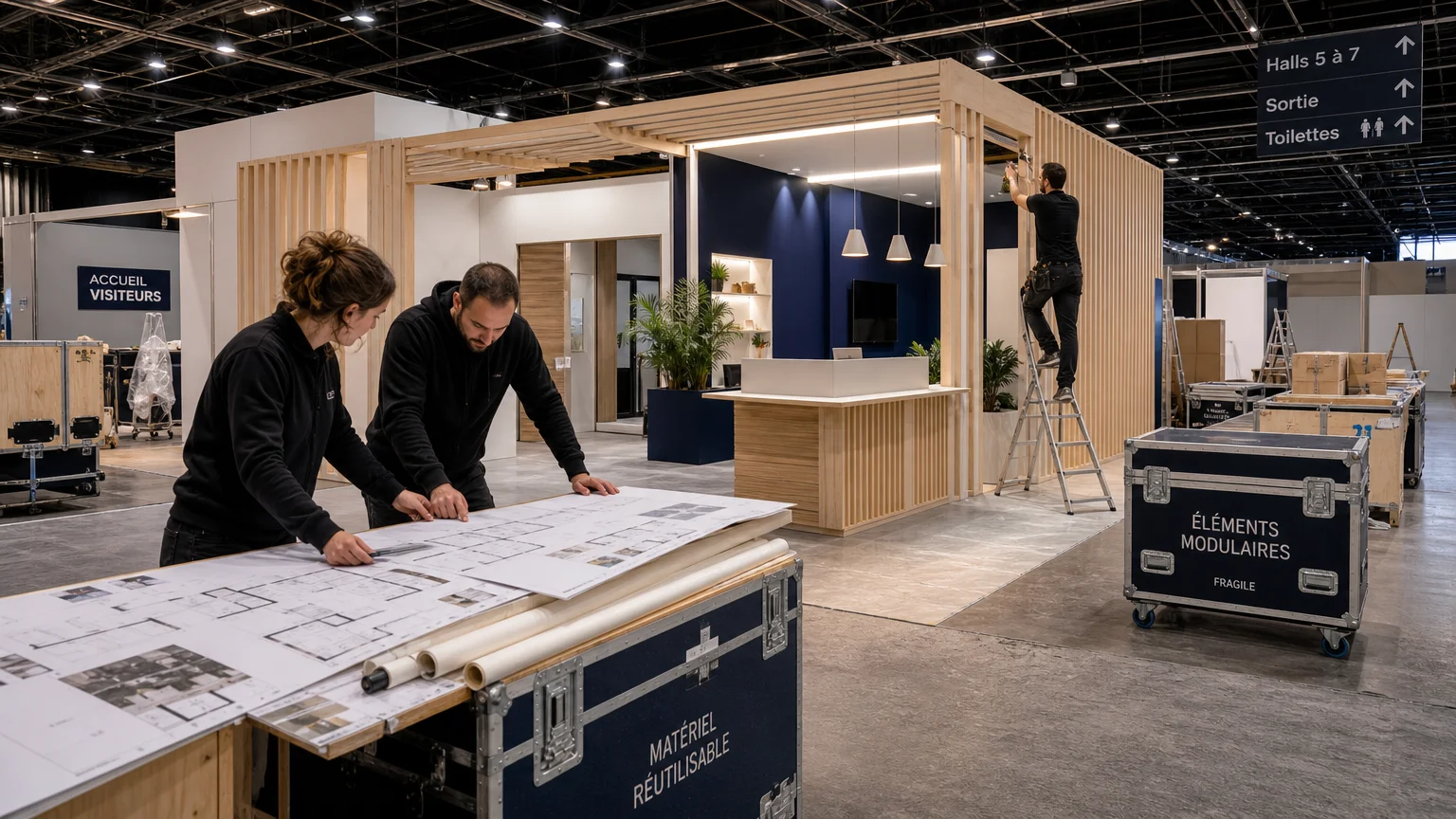 Équipe préparant un stand d’exposition pour un salon international