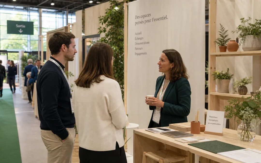 Échange entre une élue et des exposants sur un stand ouvert