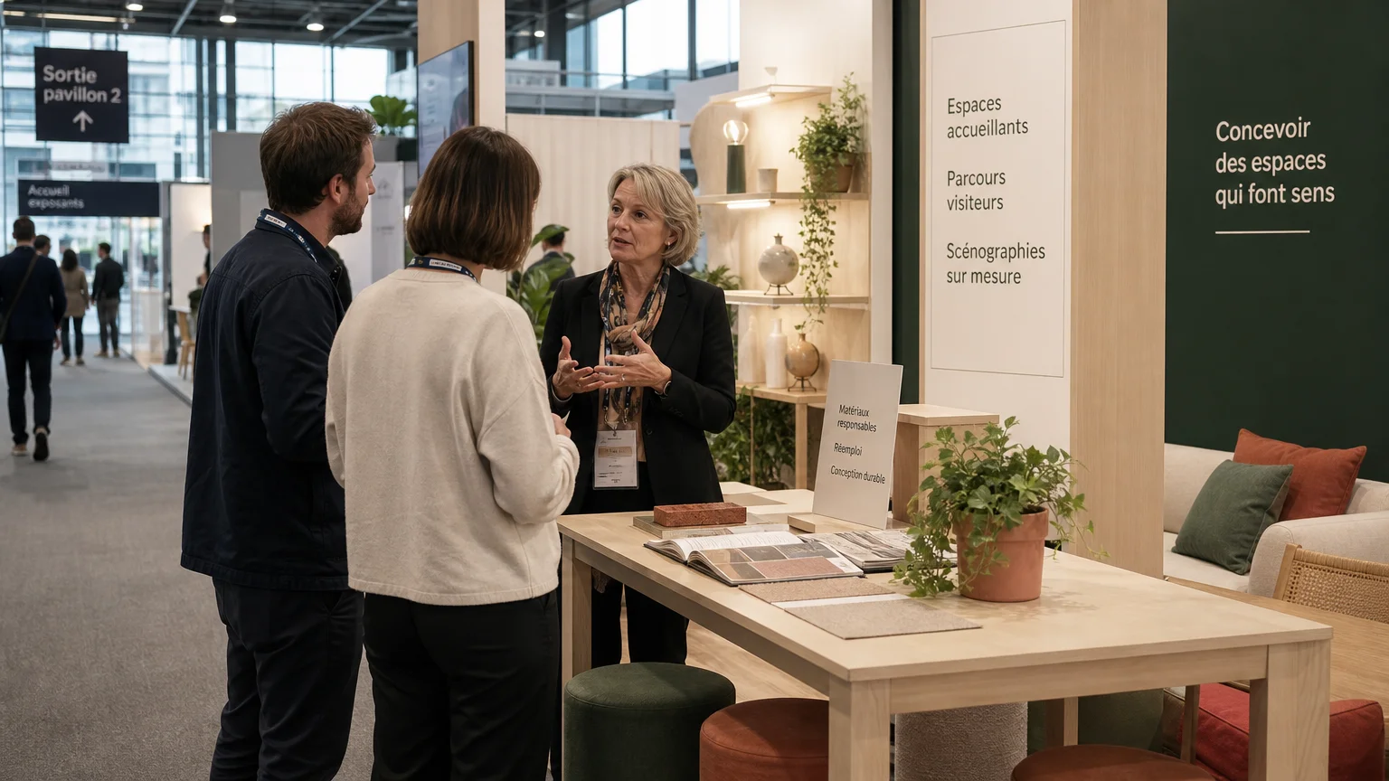 Échange entre une élue et des exposants sur un stand ouvert