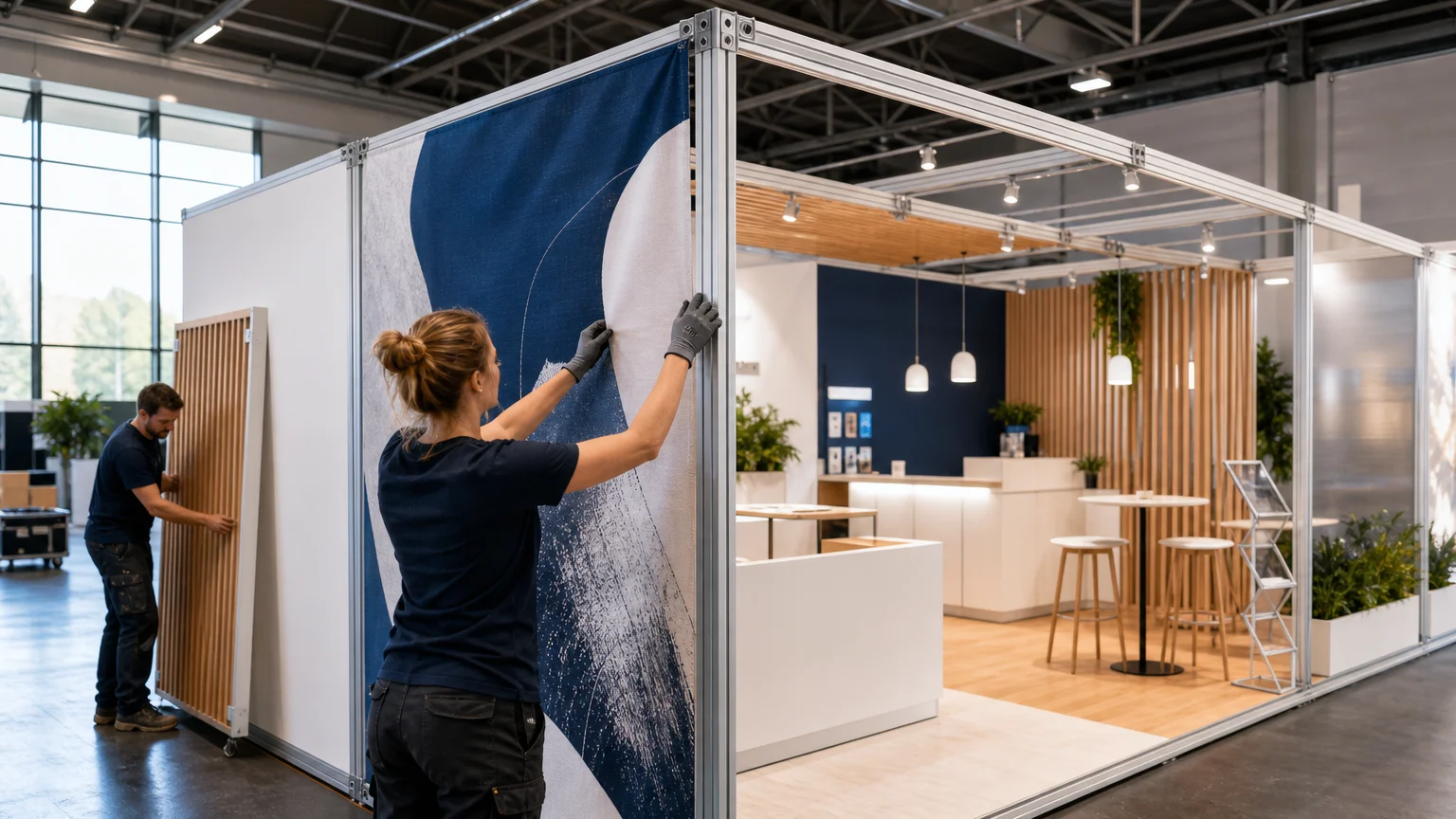 Technicienne ajustant un visuel textile sur un stand modulable