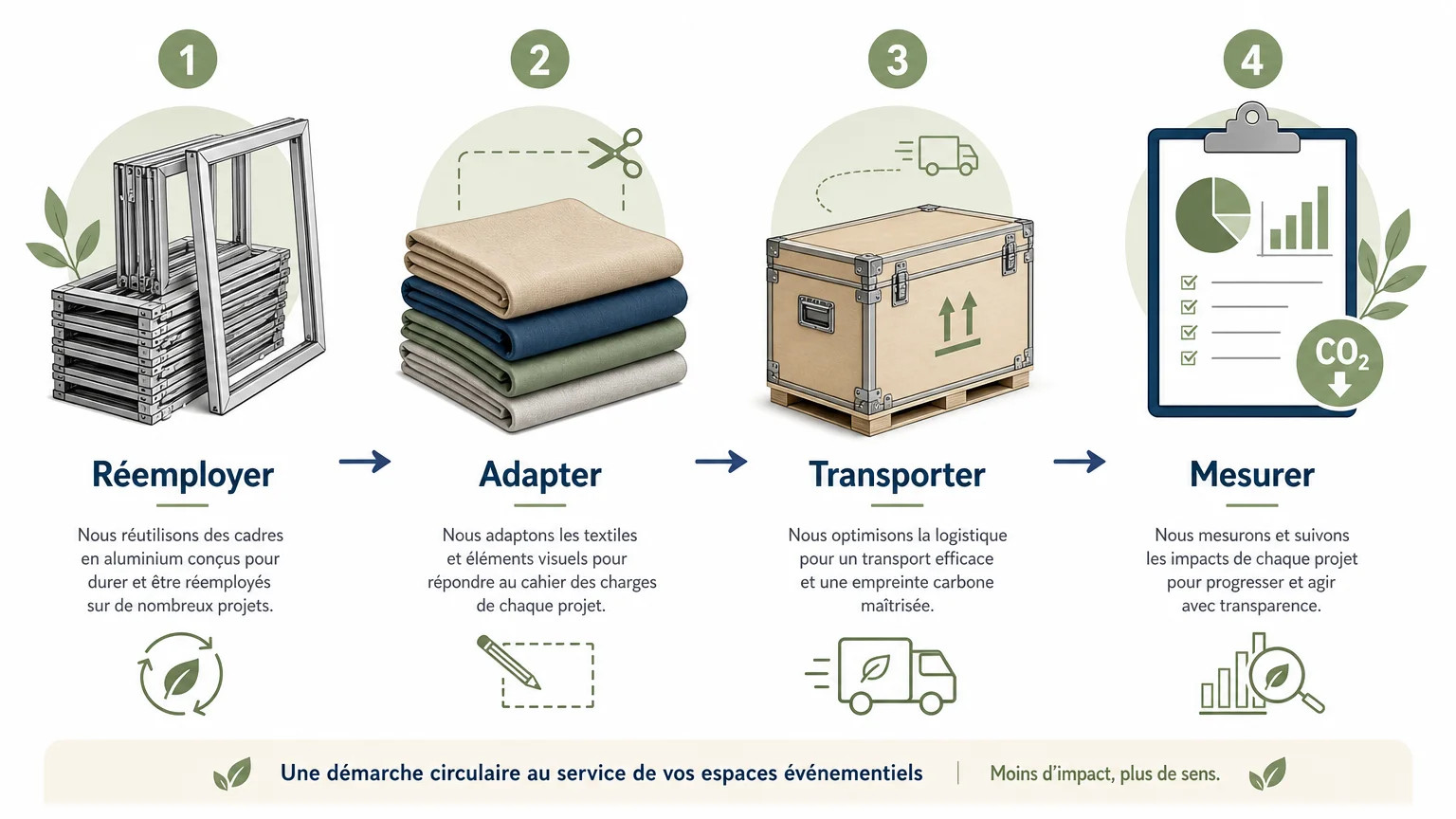 Infographie des étapes d’une démarche responsable pour un stand modulable