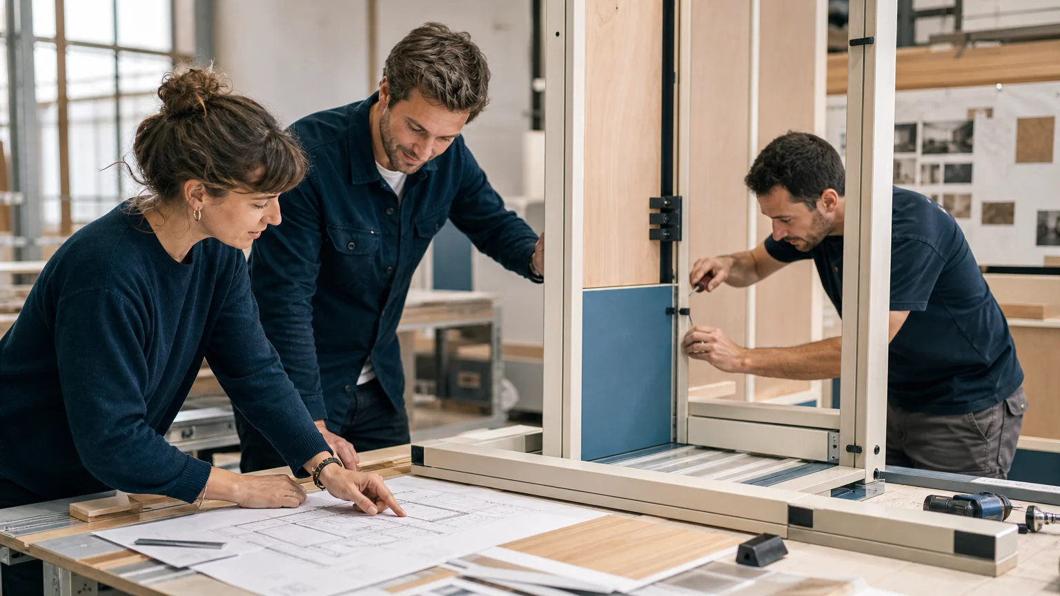 Équipe européenne assemblant une structure de stand modulaire réutilisable