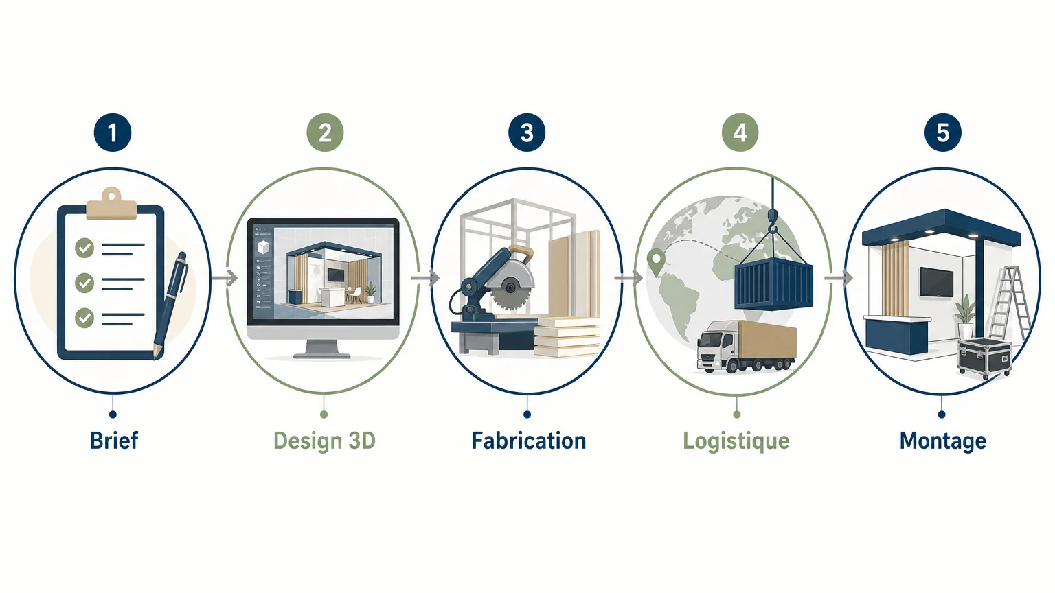 Infographie des cinq étapes de préparation d’un stand professionnel