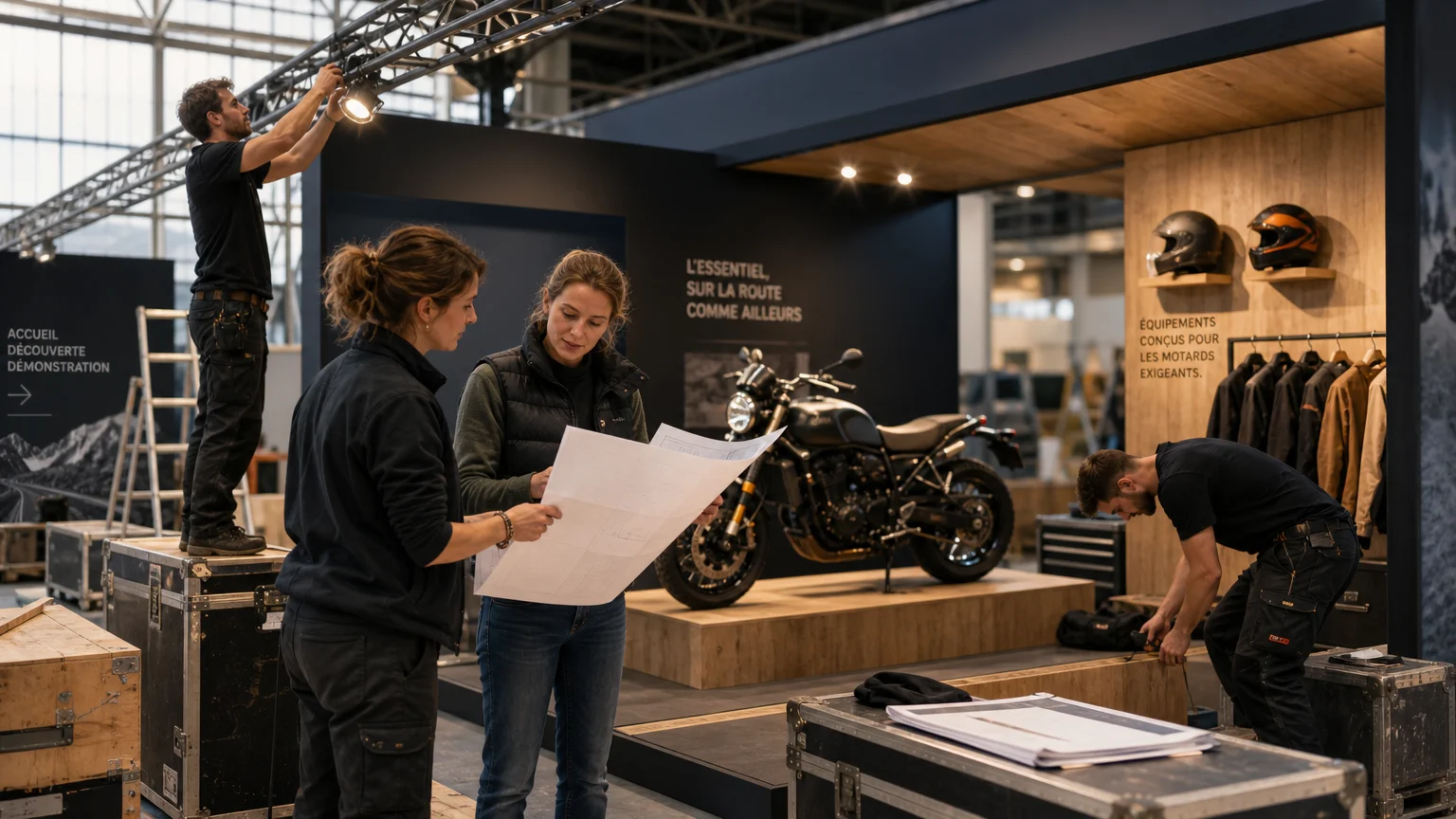 Équipe européenne préparant un stand d’exposition pour motos et équipements