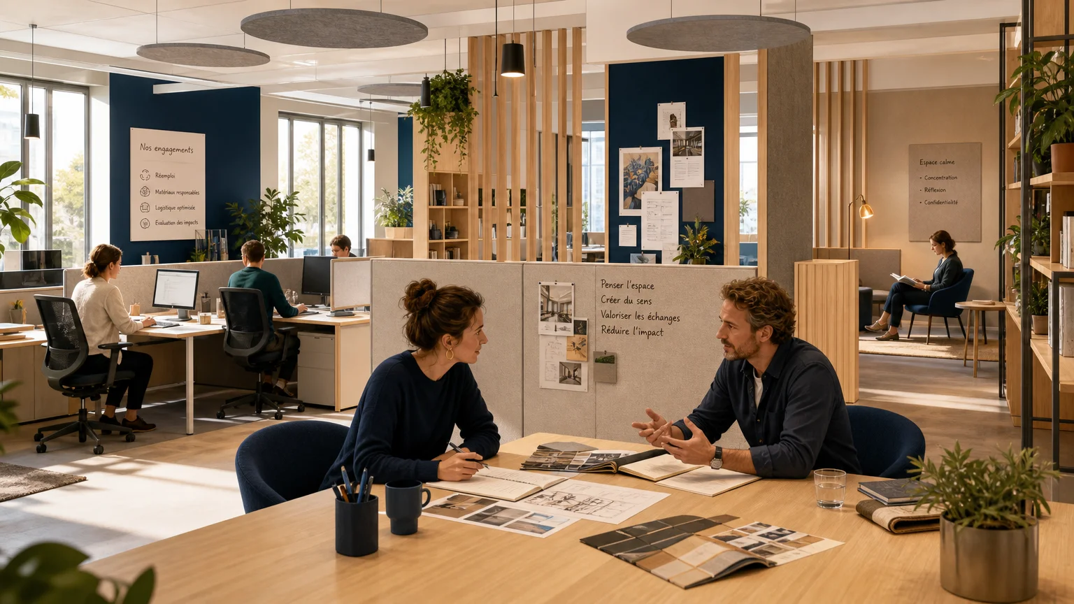 Espace de travail professionnel avec zones acoustiques et lumière naturelle