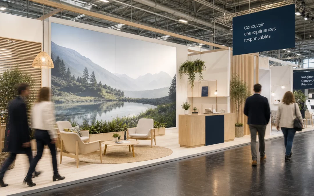Stand professionnel accueillant avec signalétique, éclairage et espace ouvert