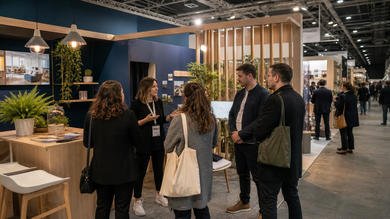 Équipe présentant une démonstration sur un stand ouvert