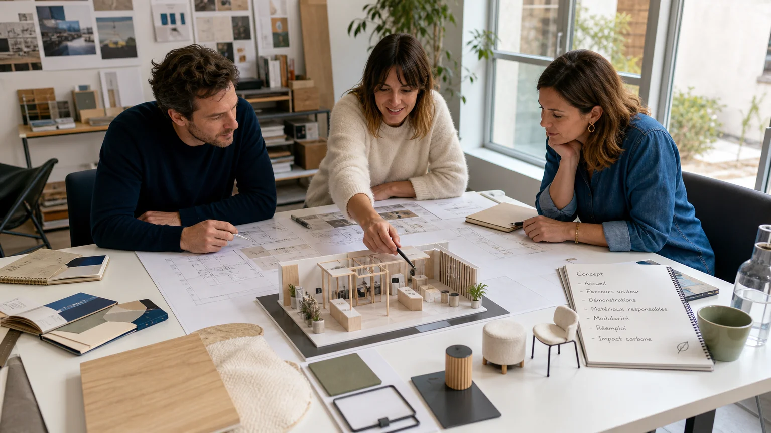 Équipe européenne vérifiant une maquette de stand sur mesure avant fabrication