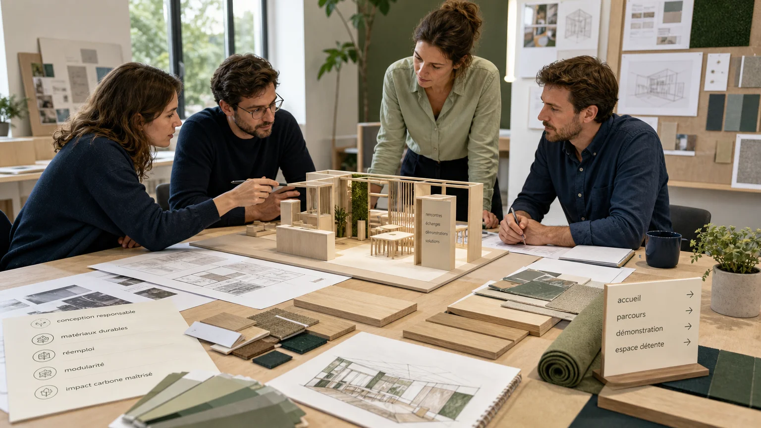 Équipe européenne travaillant sur la conception d’un stand d’exposition sur mesure