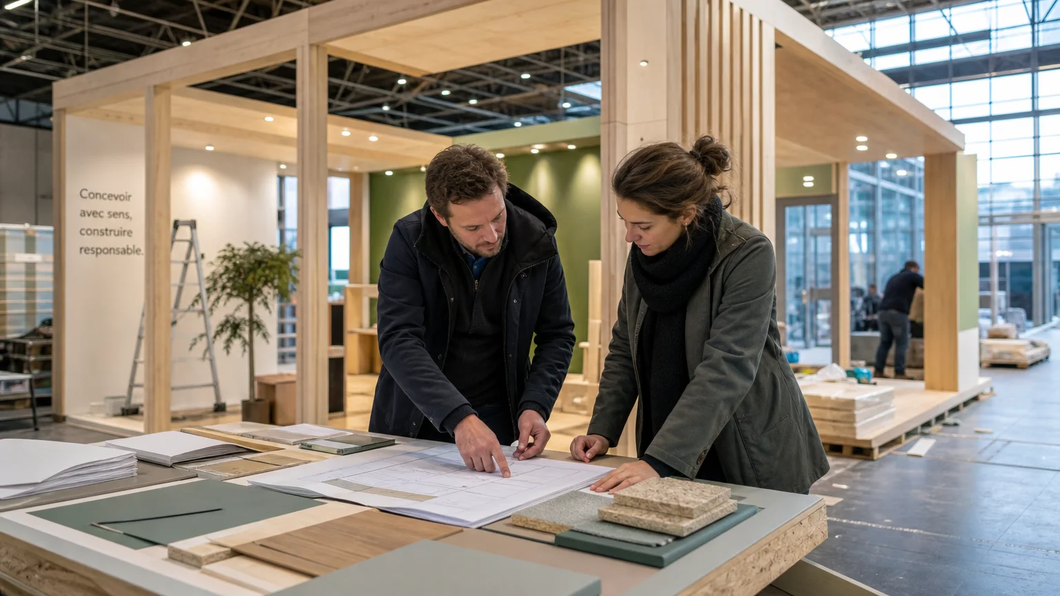 Professionnels préparant la conception d’un stand sur mesure dans un hall d’exposition