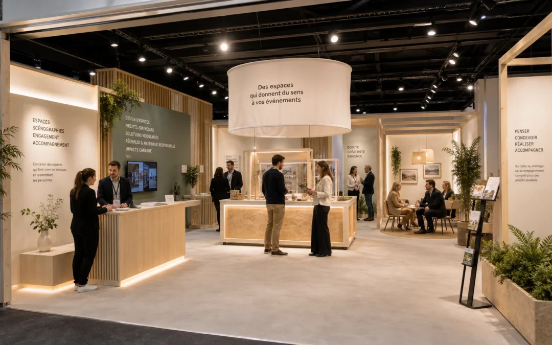 Espace d’exposition contemporain avec accueil, démonstration et zone d’échange