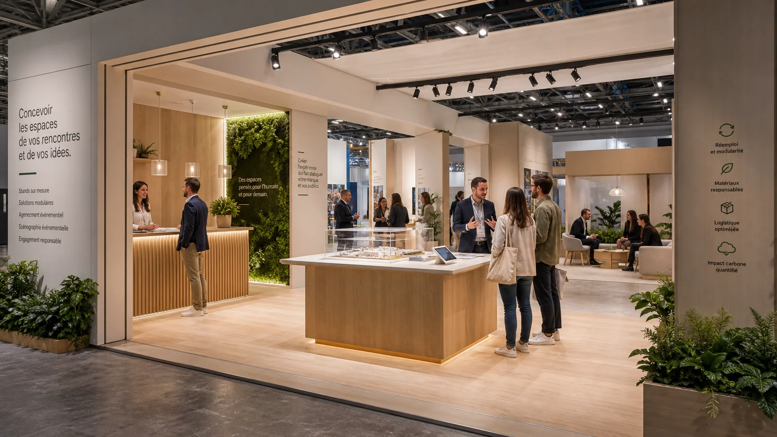 Espace d’exposition organisé autour d’une entrée ouverte, d’une démonstration et d’une zone d’échange