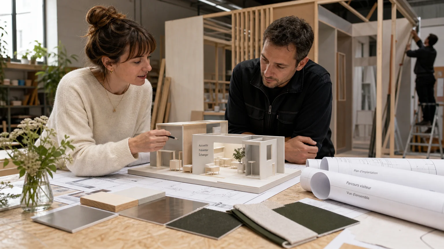 Équipe préparant les détails d’un stand d’exposition sur mesure